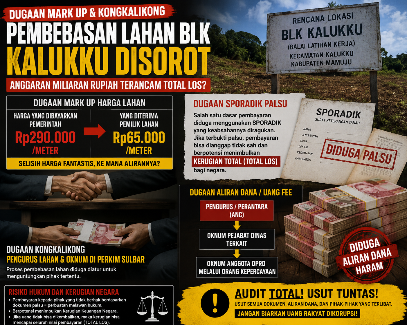 Dugaan Mark Up Pembebasan Lahan BLK Kalukku, Muncul Isu Aliran Dana ke Sejumlah Pihak